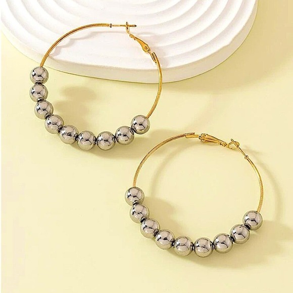 Gold Hoop Silver Ball Earrings, Oversized, Exaggerated, Drop, Dangle, Beaded - Picture 4 of 5